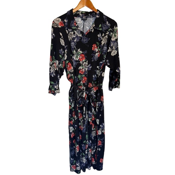 Torrid Dress Women 3 3X Challis Black Floral Shirt Plus Size Midi Stretch Slits - Picture 1 of 10